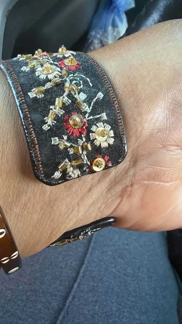 Vintage Avon Boho Floral Embroidered Wide Cuff Watch Beaded Sequined Square Gold